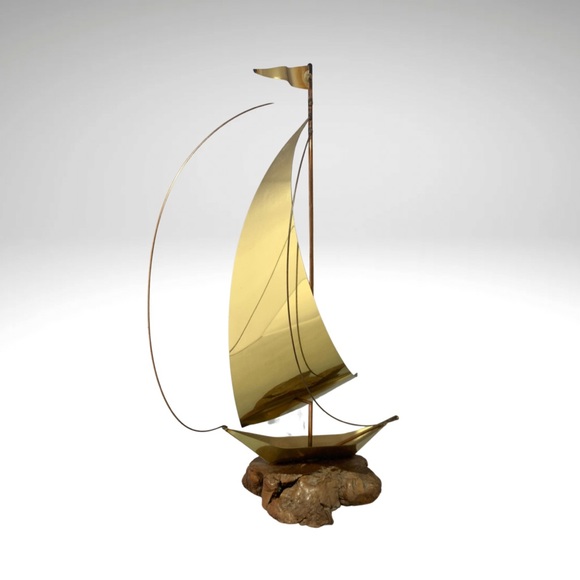 Vintage Brass Sailboat Sculpture Burlwood Base Windsurfer Nautical Handmade 15” - Picture 2 of 10